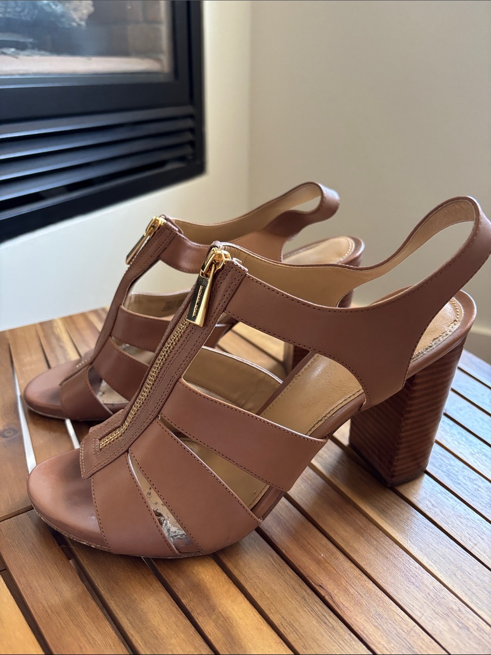 Michael Kors Women’s Brown Leather Block Heel Sandals with Front Zip